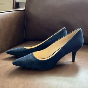 Navy Blue Suede Low Kitten Heels